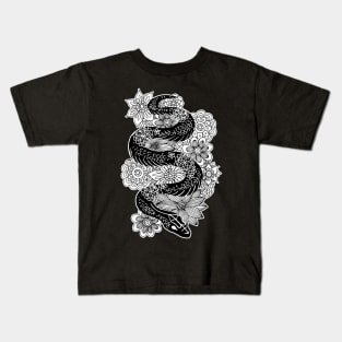 Snake with Flowers Black and White Drawing Kids T-Shirt